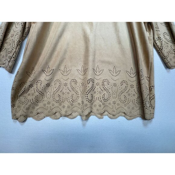 Chico's Women's V Neck Tunic Top Long Sleeve Stretch Faux Suede Paisley Sz 3 Tan - Picture 6 of 12